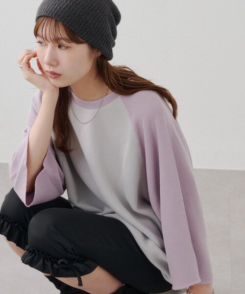 DISCOAT(ディスコート)の「【Enlude】製品加工ワッフルラグラン7分袖Tシャツ《ユニセックス》(Tシャツ/カットソー・レディース・サックスブルー/ブラック/パープル・LARGE/MEDIUM)」の1枚目の写真