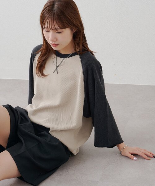 DISCOAT(ディスコート)の「【Enlude】製品加工ワッフルラグラン7分袖Tシャツ《ユニセックス》(Tシャツ/カットソー・レディース・サックスブルー/ブラック/パープル・LARGE/MEDIUM)」の4枚目の写真
