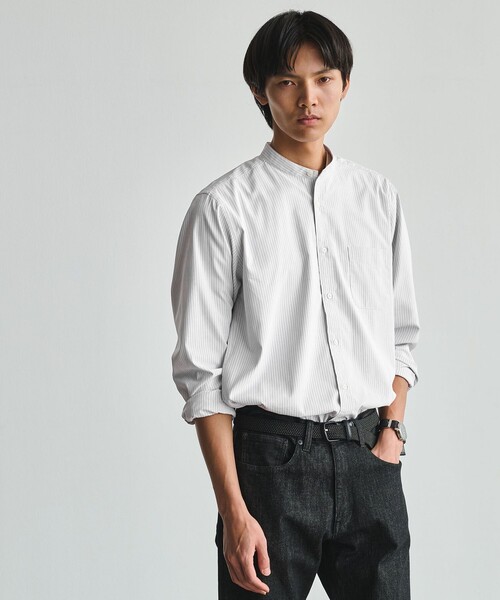 green label relaxing(グリーンレーベルリラクシング)の「MULTI FUNCTION ピンオックス バンドカラー 長袖シャツ -UVカット・吸水速乾・遮熱-(シャツ/ブラウス・メンズ・ベージュ/ホワイト/ライトグレー/ライトブルー・M/L/XL/S)」の1枚目の写真