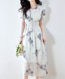 にじみデザインウエストシャーリング花柄シアーワンピース