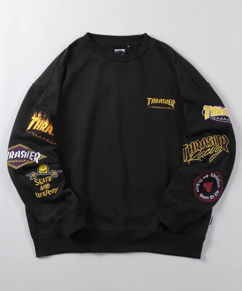THRASHER(スラッシャー)の「【70】【THRASHER/スラッシャー】マルチロゴ 刺繍 ヘビーウェイト スウェット/オーバーサイズ/クルーネック/トレーナー/袖プリント/裏起毛/ユニセックス/レディース/メンズ(スウェット・メンズ・グリーン/ブラック/グレー・M/L/XL)」の1枚目の写真