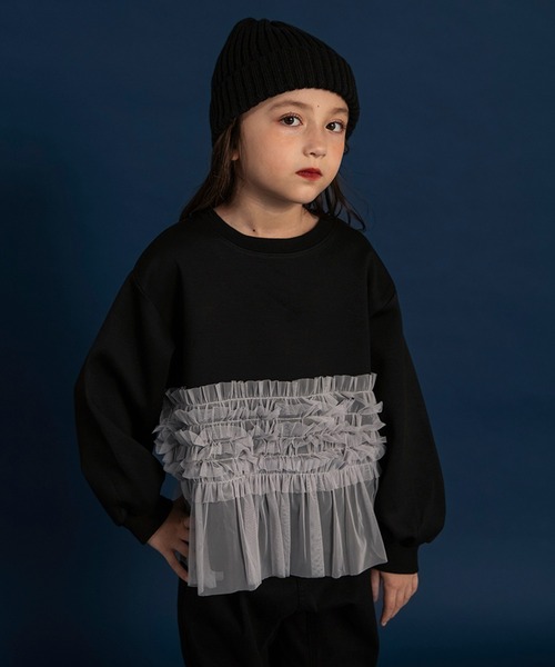 BRANSHES(ブランシェス)の「【WEB限定】裾チュールトレーナー(スウェット・キッズ・ブラック/杢グレー・110/150/140/100/130/120)」の2枚目の写真