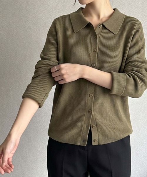 LOWO(ロワ)の「襟付きリブニットトップス ポロニット カーディガン(ニット/セーター・レディース・カーキ/ブラウン/チャコールグレー/モカ/ブラック/オフホワイト・FREE)」の6枚目の写真