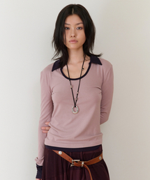 U NECK COLLAR SLIM LS TEE(W) LIGHT PURPLE