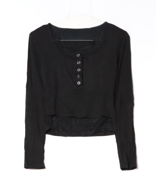 Coo+i(クーイ)の「レースレイヤード風タイトトップス 長袖(Tシャツ/カットソー・レディース・ブラック/ホワイト/チャコールグレー・FREE)」の2枚目の写真