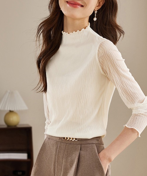 ReRe(リリ)の「ハイネックシアーブラウス(シャツ/ブラウス・レディース・ベージュ/カーキ/ブラック・MEDIUM/X-LARGE/LARGE)」の1枚目の写真