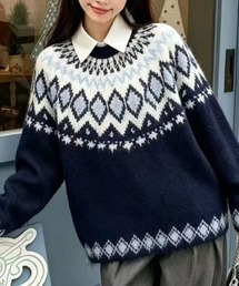 ノルディック柄 モックネックオーバーサイズニット