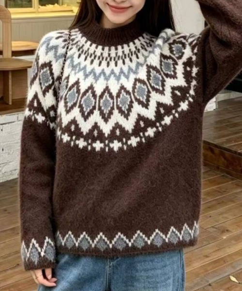 Teem Store(チームストア)の「ノルディック柄 モックネックオーバーサイズニット(ニット/セーター・レディース・ホワイト/ネイビー/ブラウン・M)」の11枚目の写真