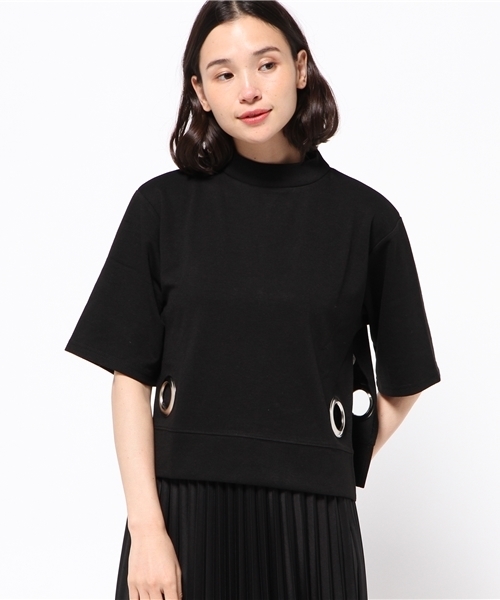 DAMMY（ダミー）の「DAMMY/サイドスリットハイネック5分袖トップス（スウェット・レディース・ブラック/ホワイト・FREE）」の2枚目の写真