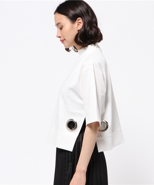 DAMMY（ダミー）の「DAMMY/サイドスリットハイネック5分袖トップス（スウェット・レディース・ブラック/ホワイト・FREE）」の4枚目の写真