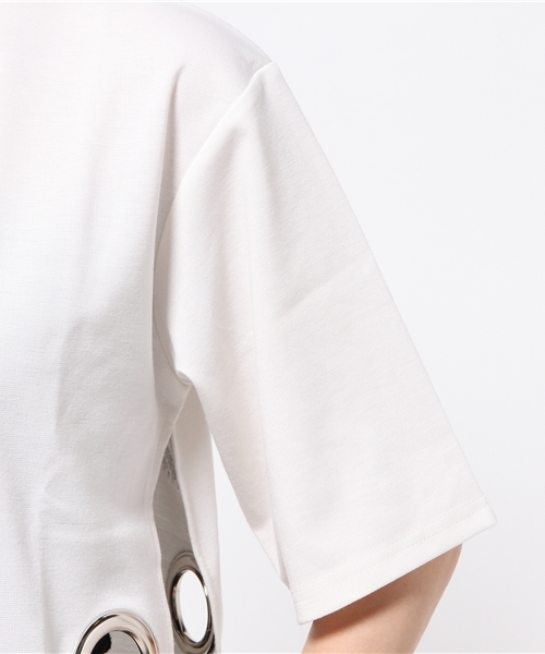 DAMMY（ダミー）の「DAMMY/サイドスリットハイネック5分袖トップス（スウェット・レディース・ブラック/ホワイト・FREE）」の7枚目の写真