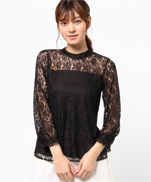 E hyphen world gallery（イーハイフンワールドギャラリー）の「スタンドカラーレースブラウス（シャツ/ブラウス・レディース・ブラック/オフホワイト・FREE）」の2枚目の写真