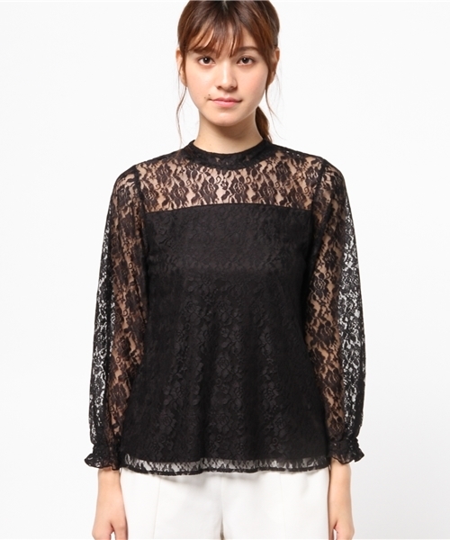 E hyphen world gallery（イーハイフンワールドギャラリー）の「スタンドカラーレースブラウス（シャツ/ブラウス・レディース・ブラック/オフホワイト・FREE）」の3枚目の写真