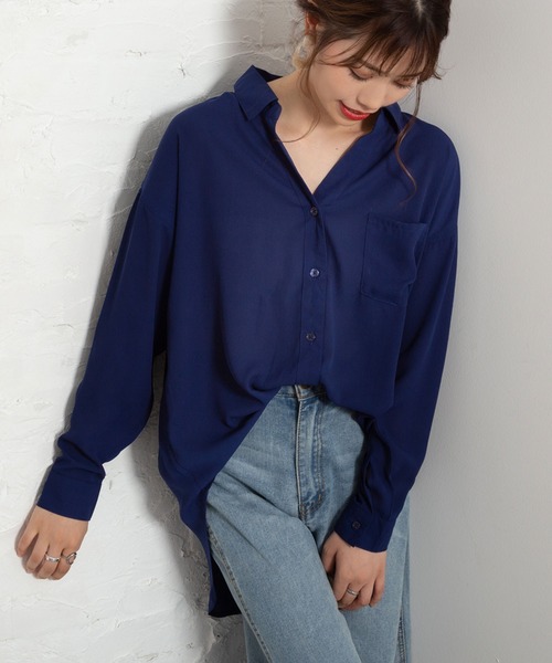 Newlyme(ニューリーミー)の「前後差ジョーゼットスキッパーシャツ(シャツ/ブラウス)」|ネイビー