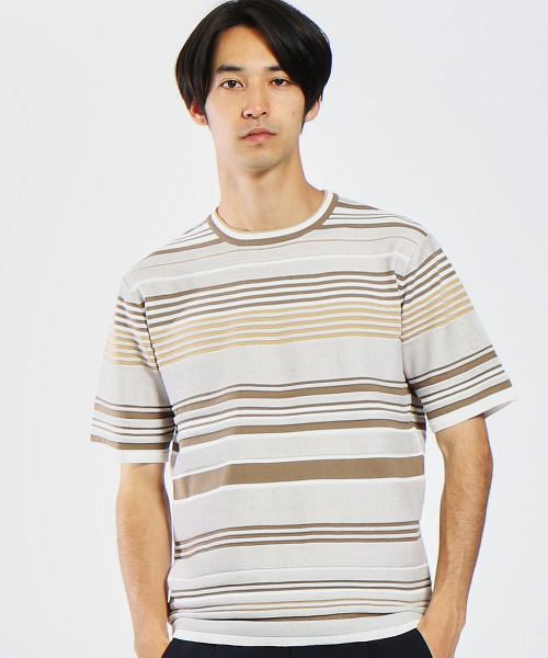 ABAHOUSE(アバハウス)の「ジャガードマルチボーダーTシャツ(Tシャツ/カットソー・メンズ・ブラック/ベージュ・48/46/44)」の1枚目の写真