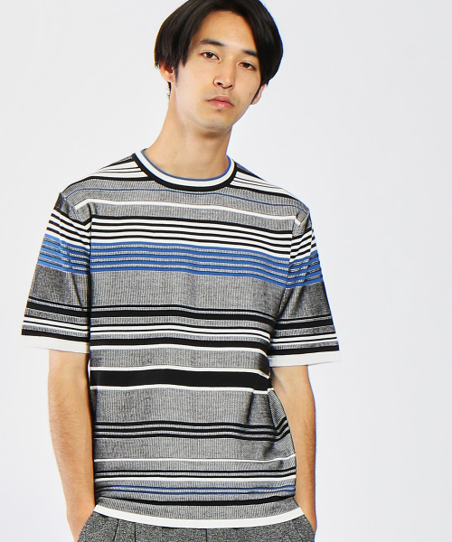 ABAHOUSE(アバハウス)の「ジャガードマルチボーダーTシャツ(Tシャツ/カットソー・メンズ・ブラック/ベージュ・48/46/44)」の2枚目の写真