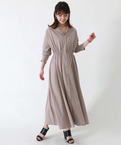 HER CLOSET（ハークローゼット）の「【HERCLOSET】ウエストギャザーシャツワンピース（シャツワンピース・レディース・ベージュ/カーキ/ピンク/グレー系その他・M）」の3枚目の写真