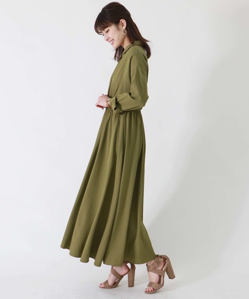 HER CLOSET（ハークローゼット）の「【HERCLOSET】ウエストギャザーシャツワンピース（シャツワンピース・レディース・ベージュ/カーキ/ピンク/グレー系その他・M）」の5枚目の写真