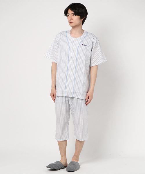 Champion チャンピオン の Champion メンズルームウェアセットアップ ベースボールシャツ風 半袖7分丈パンツ 綿100 ルームウェア パジャマ Wear