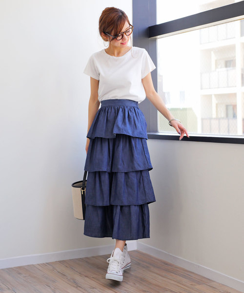 セール】デニムティアードロングスカート（デニムスカート）｜andme