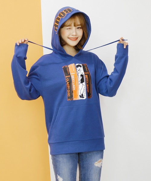 新品 ベティ・ブープ BETTY BOOP 裏起毛プルオーバーパーカー M グレー ベティちゃん バイカー バックプリントあり BETTY BOOP(TM) 裏起毛ビッグシルエットプルパーカー（パーカー