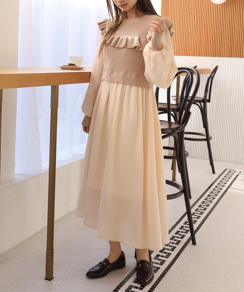one after another NICE CLAUP(ワンアフターアナザーナイスクラップ)の「リブニットドッキングワンピース(ワンピース・レディース・ブラック/アイボリー/ベージュ・FREE)」の3枚目の写真