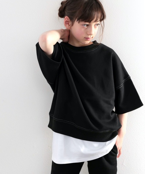 classicalelf(クラシカルエルフ)の「キッズ ステッチで1+。ゆったり5分袖スウェット(Tシャツ/カットソー・キッズ・ブラック/ブルー/アイボリー/モカ・130/140/150/160)」の5枚目の写真
