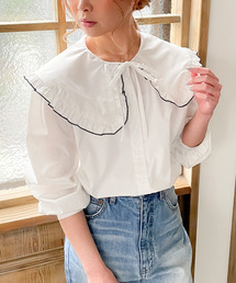 JUNOAH | 配色ラインビッグフリルカラーシャツ(シャツ/ブラウス)