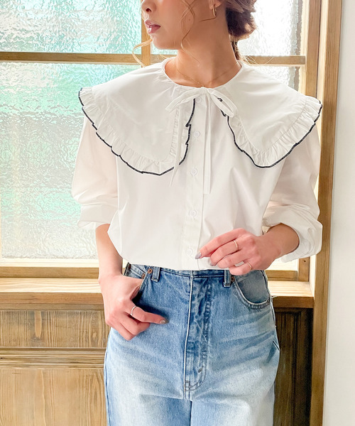 JUNOAH（ジュノア）の「配色ラインビッグフリルカラーシャツ（シャツ/ブラウス・レディース・ホワイト/ライトグレー・FREE）」の16枚目の写真