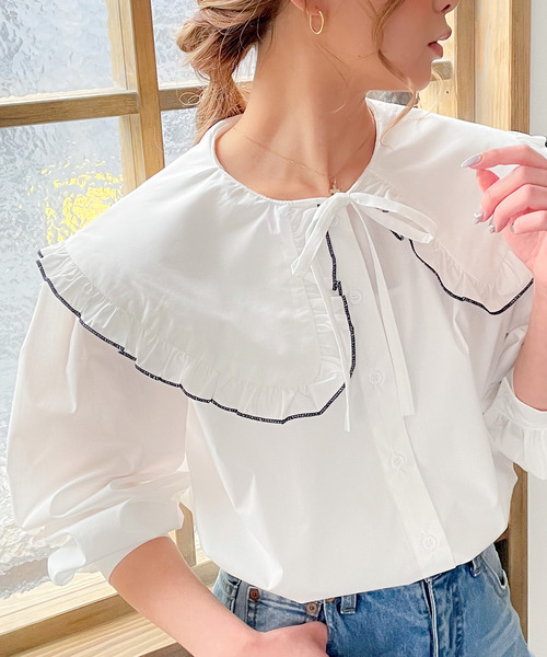 JUNOAH（ジュノア）の「配色ラインビッグフリルカラーシャツ（シャツ/ブラウス・レディース・ホワイト/ライトグレー・FREE）」の15枚目の写真