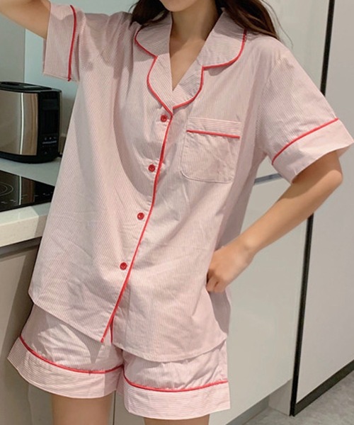 レディース半袖レトロガーリーストライプルームウェア上下2点セット