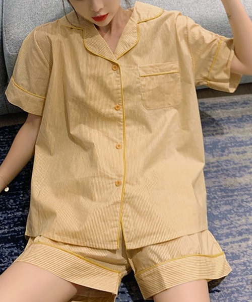 レディース半袖レトロガーリーストライプルームウェア上下2点セット