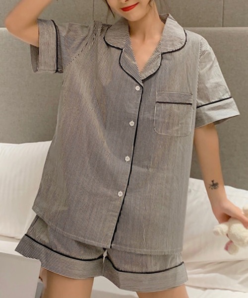 レディース半袖レトロガーリーストライプルームウェア上下2点セット