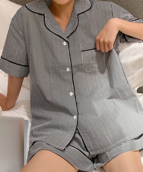 レディース半袖レトロガーリーストライプルームウェア上下2点セット