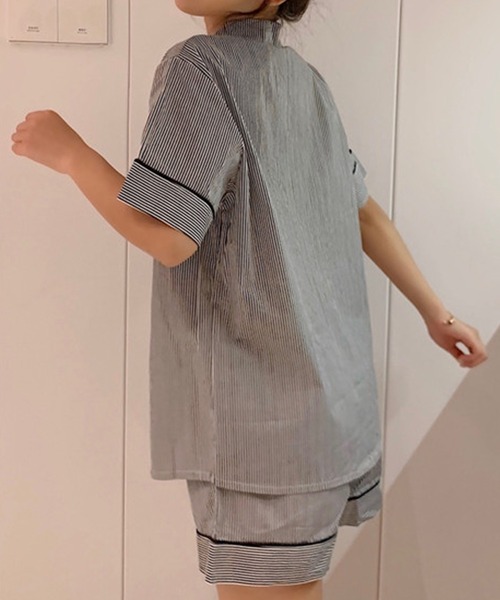 レディース半袖レトロガーリーストライプルームウェア上下2点セット