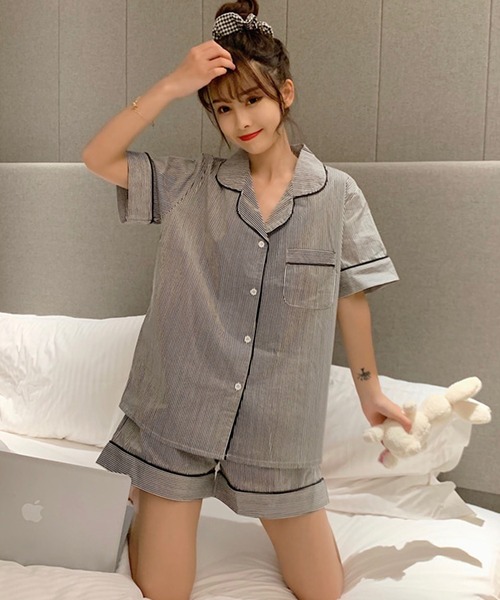 レディース半袖レトロガーリーストライプルームウェア上下2点セット