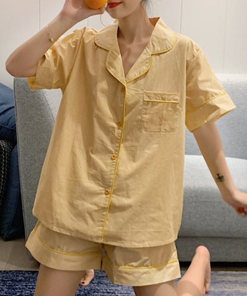 レディース半袖レトロガーリーストライプルームウェア上下2点セット