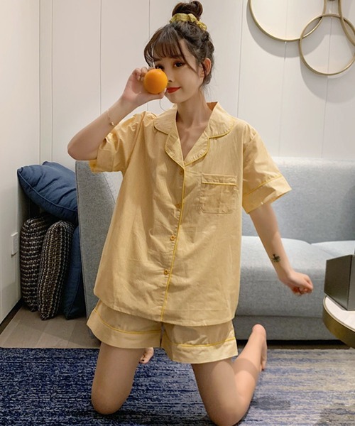 レディース半袖レトロガーリーストライプルームウェア上下2点セット