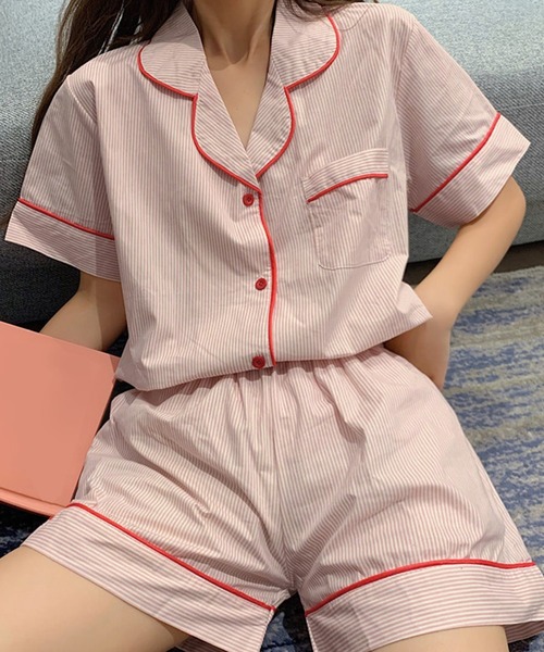 レディース半袖レトロガーリーストライプルームウェア上下2点セット
