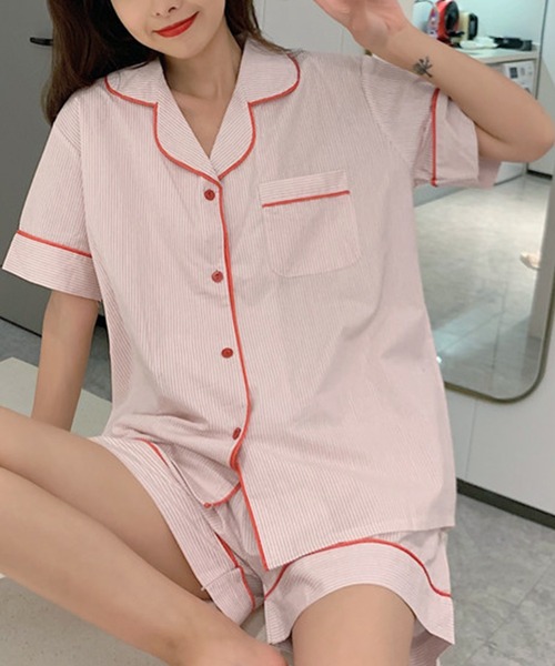 レディース半袖レトロガーリーストライプルームウェア上下2点セット