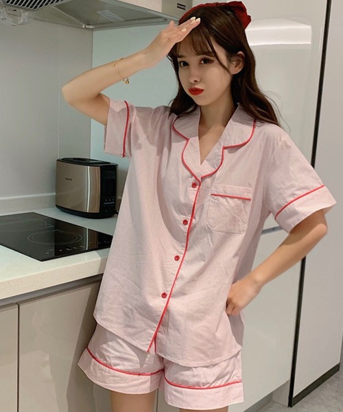 レディース半袖レトロガーリーストライプルームウェア上下2点セット