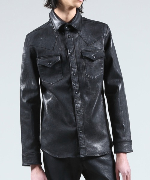 GalaabenD(ガラアーベント)の「EXフィットデニム ブラックコーティングデニムシャツ(シャツ/ブラウス・メンズ・ブラック・S/M/L)」の1枚目の写真