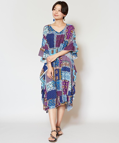 チャイハネ バグル柄パッチワーク風プリントvネックワンピース ワンピース ワンピース チャイハネ チャイハネ のファッション