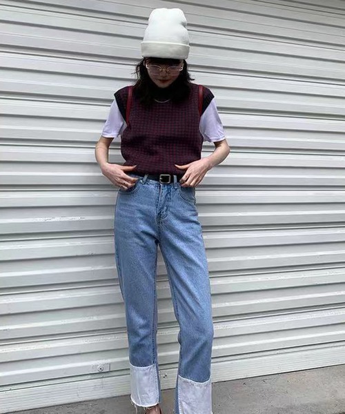 Jewelobe（ジュエローブ）の「オーバーサイズハーリキンチェックニットベスト（ベスト・レディース・ネイビー/ブラック/オフホワイト・FREE）」の4枚目の写真