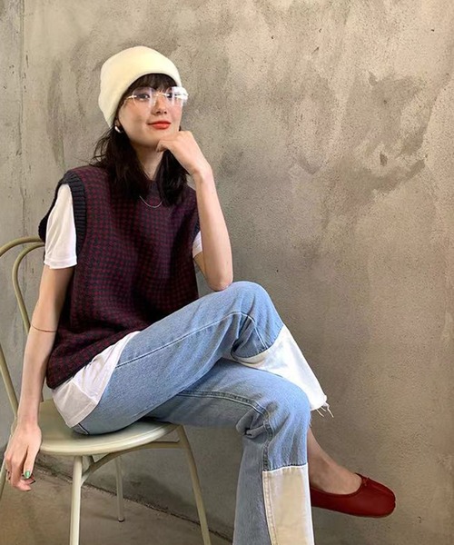 Jewelobe（ジュエローブ）の「オーバーサイズハーリキンチェックニットベスト（ベスト・レディース・ネイビー/ブラック/オフホワイト・FREE）」の15枚目の写真