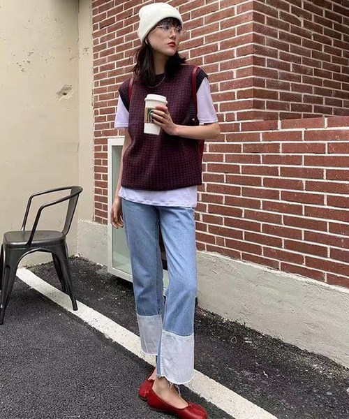 Jewelobe（ジュエローブ）の「オーバーサイズハーリキンチェックニットベスト（ベスト・レディース・ネイビー/ブラック/オフホワイト・FREE）」の21枚目の写真