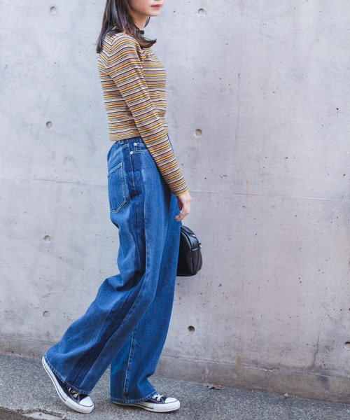 WEGO（ウィゴー）の「WEGO/ウエストフィットワイドストレートラインパンツ（デニムパンツ・レディース・インディゴブルー/ブラック系その他・MEDIUM/SMALL/LARGE）」の5枚目の写真