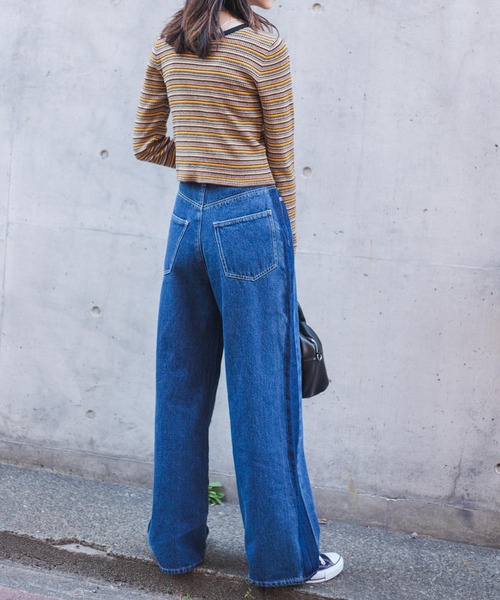 WEGO（ウィゴー）の「WEGO/ウエストフィットワイドストレートラインパンツ（デニムパンツ・レディース・インディゴブルー/ブラック系その他・MEDIUM/SMALL/LARGE）」の3枚目の写真