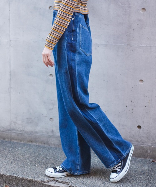 WEGO（ウィゴー）の「WEGO/ウエストフィットワイドストレートラインパンツ（デニムパンツ・レディース・インディゴブルー/ブラック系その他・MEDIUM/SMALL/LARGE）」の12枚目の写真