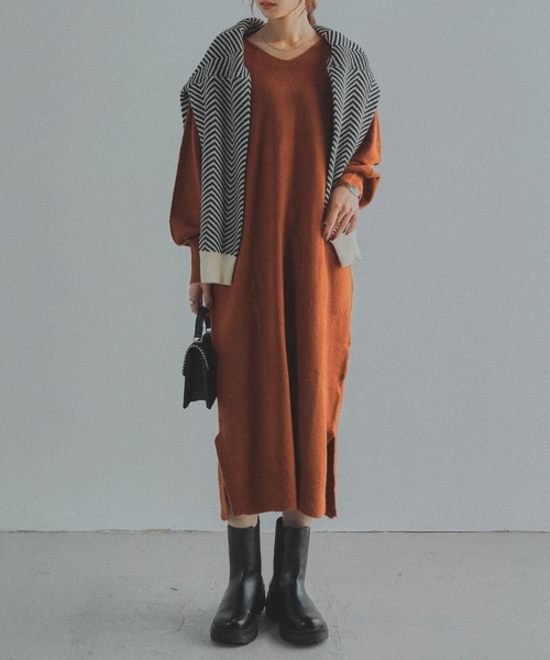 Fashion Letter(ファッションレター)の「Vネックニットロングワンピース(ワンピース・レディース・ブラック/ライトグレー/ベージュ/ブラウン/グレー・M~L/LL~3L/4L~5L)」の4枚目の写真